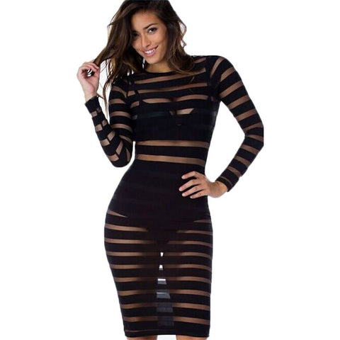 Fashion 2015 Black Mesh See Through Evening Club Party Dresses Women Sexy Bandage Dress Long Sleeve Midi Bodycon Dress