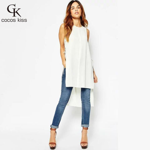 European style Length of front and rear waist Split ends Bandage dress 2016 new women sexy sleevelsee O-neck fashion dress