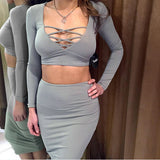2016 Women Sexy Bodycon Dress  Night Club  2 pcs Bandage Dress Suit Long Sleeve Slim Pencil Dress Short Slim Cheap Dress Robe