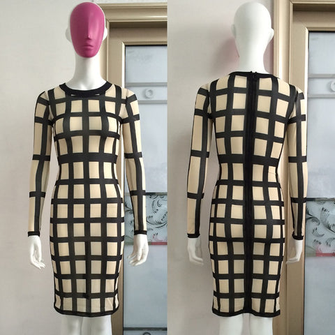 Vestidos 2016 Summer Style Plaid Print Bodycon Dress Women Black Night Clubwear Evening Party Sexy Semi Sheer Bandage Dresses