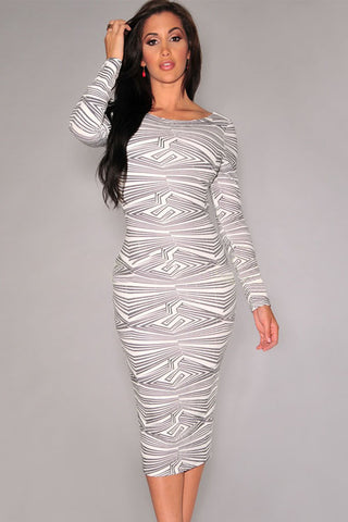 pencil vestidos long sleeve White Geometric Print Cut-Out Midi Vintage bandage Dress LC6737