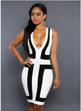 2016 New Sexy Women Deep V Neck Sleeveless Bandage Dress White Black Strap Patchwork Evening Party Prom Summer Dress Wholesale