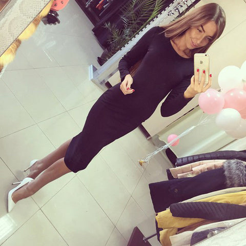 2016 Autumn Womens Casual Pencil Bodycon Bandage Dress Long Sleeve Scoop Collar Office Work Sheath Midi Dress Vestidos GV106