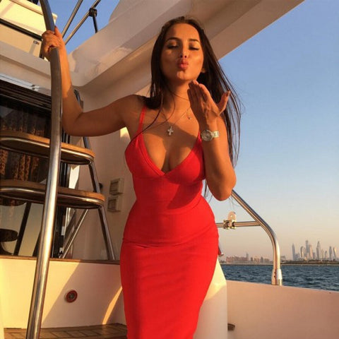 2016 New Summer Style Sexy Charming Red Deep V Backless Halter Dress Bandage Mulheres Sling Night Club Party Prom Vestidos