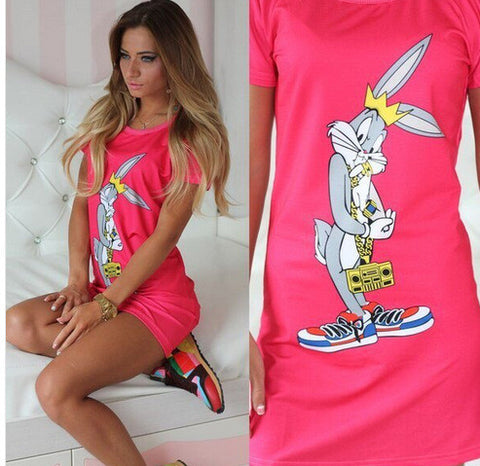 Women Rabbit tshirt Dress Summer Style New Sexy Bandage Short Beach Dress Cartoon Long Tops Tee Nightclub Party Dresses