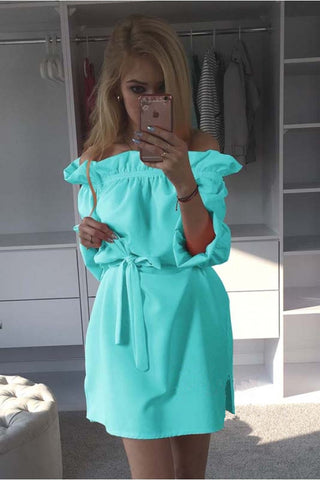 Summer Clubwear Candy Colors Dress 2016 Slash Neck Bandage Side Split Solid Mini Dress With Sashes For Women ladies LX125