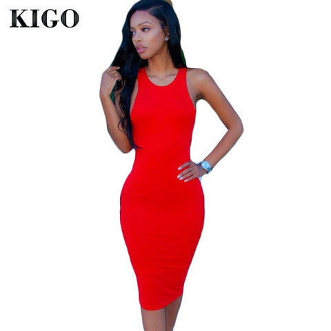 KIGO 2016 Summer Women Party Dress Red Sleeveless Knee Length Sexy Club Dress Sexy Club Bandage Bodycon Dress Vestido A40085