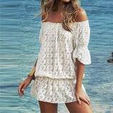 New Summer Women Lace Beach Dress Off The Shoulder Slash Neck White Lace Dress With Elastic Bandage Sexy 2015 Mini Dress