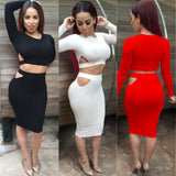 2016 New Sexy Club Women Pencil Dress Long Sleeve Fashion 2 Pieces Set Dresses Bandage Bodycon Pierced Hole Party Dress Vestidos