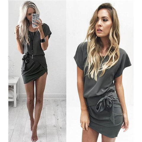 Newest Casual Women Dress Vestidos Round Neck Short Sleeve Hem Irregular Cross Bandage Summer Dress  SMT60115