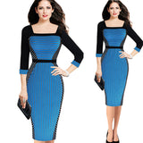 New 2016 Summer Square Collar 3/4 Sleeve Patchwork Zebra Striped Stretch Bandage Bodycon Pencil Office Tunic Sheath Women Dress