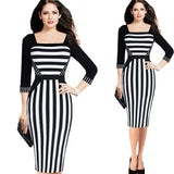 New 2016 Summer Square Collar 3/4 Sleeve Patchwork Zebra Striped Stretch Bandage Bodycon Pencil Office Tunic Sheath Women Dress