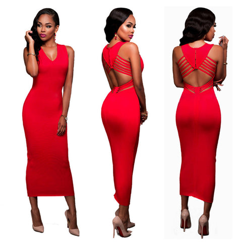 New 2016 Autumn Summer Elegant Red Long Dress Sleeveless V neck Sexy Hollow Slim Bandage Party Maxi Dresses Vestidos