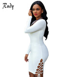 Hot New Women Party Dress Sexy Bandage Night Clubwear Long Sleeve Deep V Package Hip Bodycon Dresses Slim Dress Vestidos DR5925