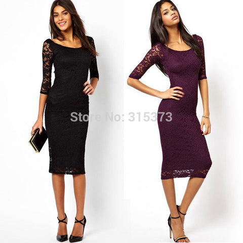 2016 New Elegant Ladies' OL Dresses Sexy Women Slim Lace Purple Black Dress Bandage Bodycon Work Casual Party Pencil Dress S-XXL