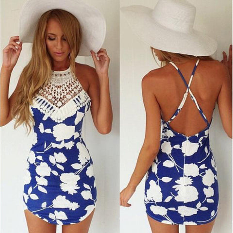 Womens Bandage Bodycon Lace Evening Sexy Party  Summer Short Mini Dress China Stel Halt Top Backless White Floral Blue Dress