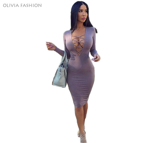Women Plus Size Dresses Vestidos V-neck Full Sleeves Pencil Bodycon Dress Sexy Night Club Bandage Party Front Lace Up Dress