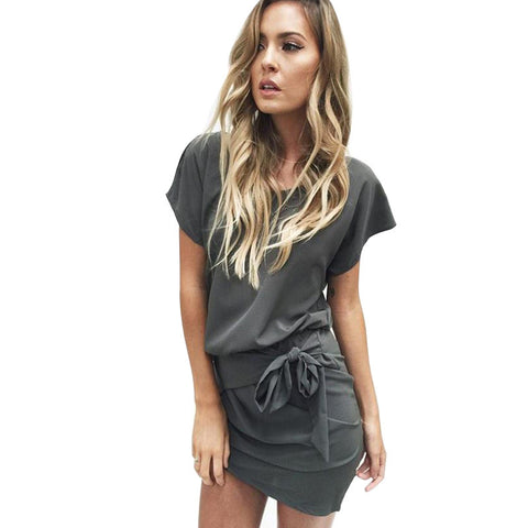 Summer Dress 2016 O-neck Short Sleeve Hem Irregular Bandage Women Casual Dress SMT60115